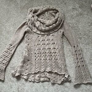 Free People Taupe Crochet Turtleneck Sweater with Matching Scarf